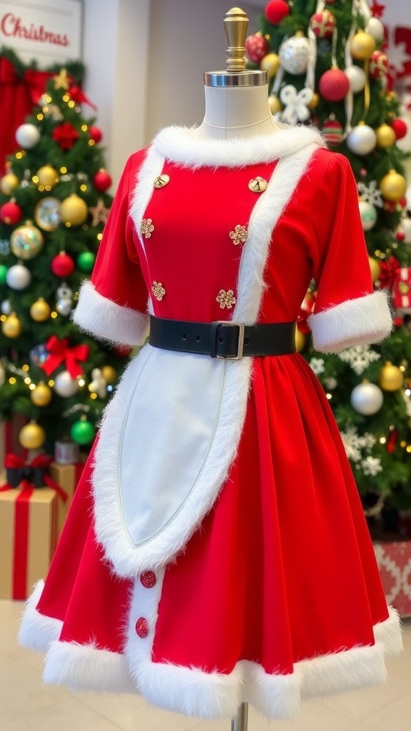 A festive red Santa dress with white trim displayed on a mannequin, surrounded by Christmas decorations.